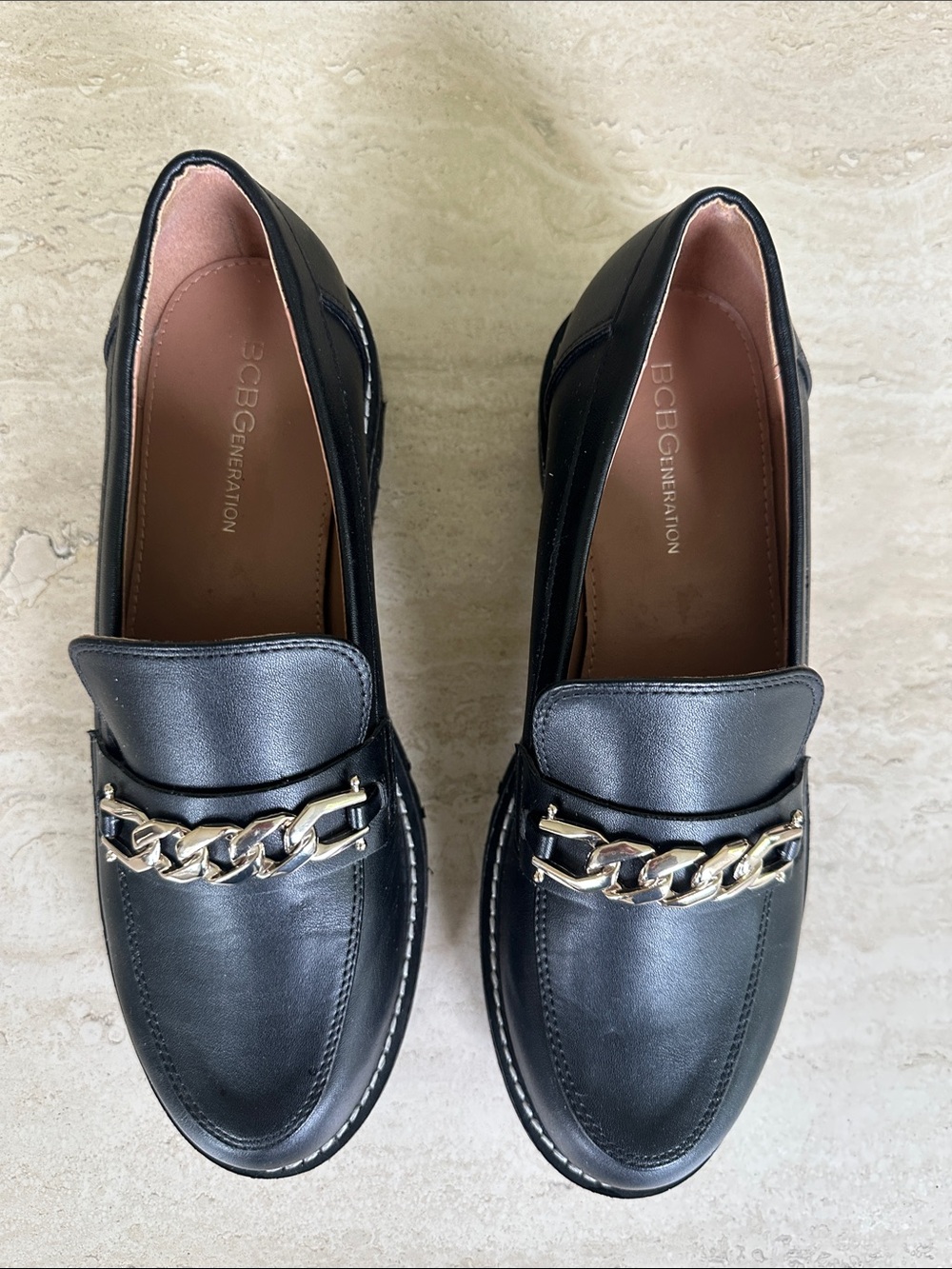 BCBGeneration Black Leather Loafers with Gold Chain Accent - Picture 5 of 7
